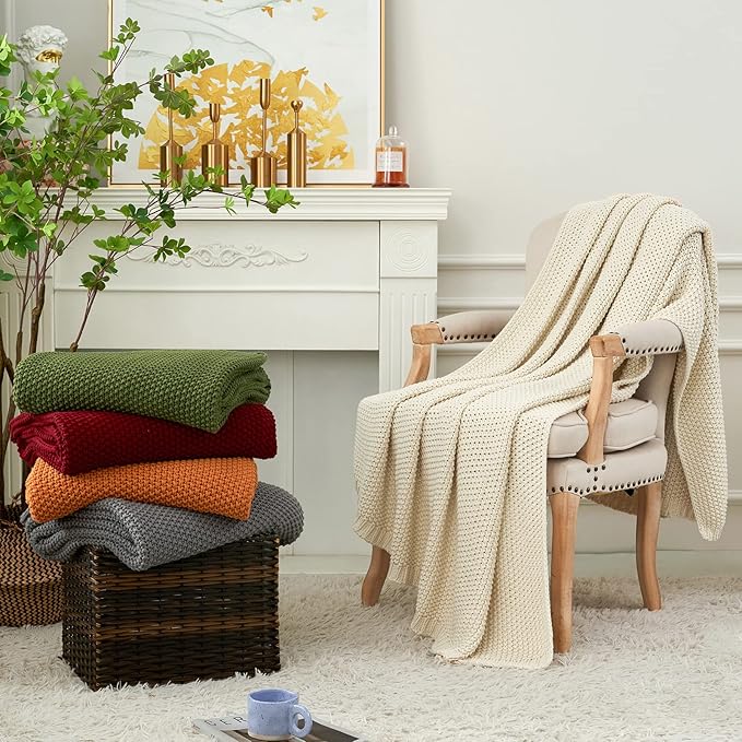 Chunky Cable Knit Throw Blanket Lightweight Cream 100% Organic Cotton Blanket for Sofa Couch Bed Baby Nursery, Rustic Shabby Chic Modern Farmhouse, 51” x 63” Give Laundering Bag