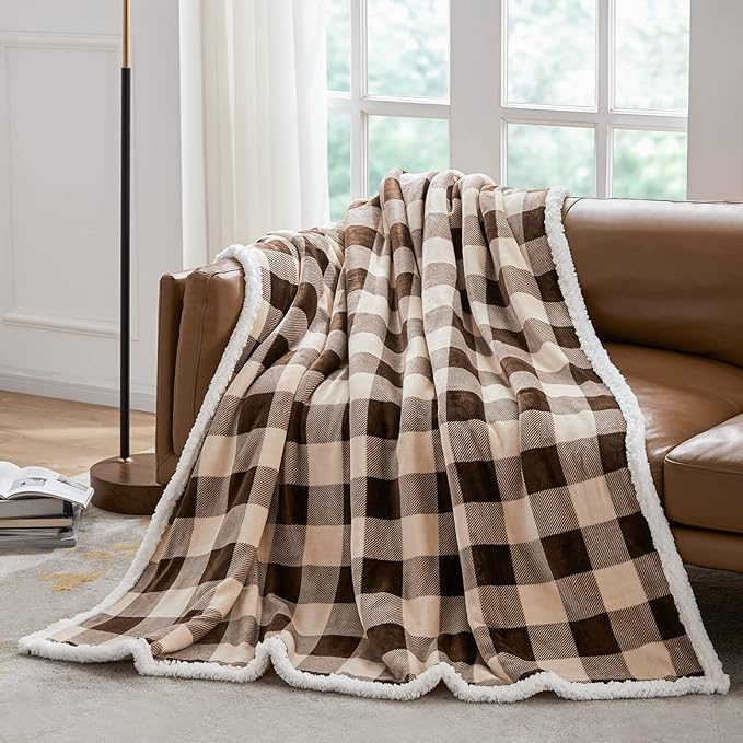 Touchat Sherpa Buffalo Plaid Christmas Twin Blanket 60" X 70", Fuzzy Fluffy Soft Cozy Throw Blanket, Fleece Flannel Plush Microfiber Blanket for Couch Bed Sofa(Brown)