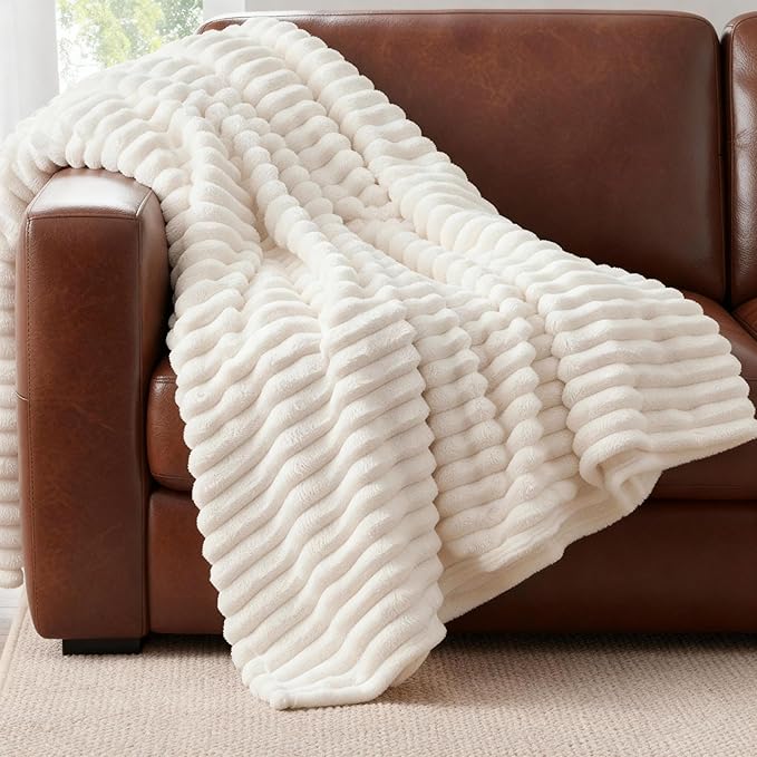 Nookly Cream Twin Size Fleece Blanket, Soft Lightweight Ribbed Plush Bed Blanket, Cozy All-Season Striped Fleece Twin Throw for Bedroom and Home, 60x80 Inches