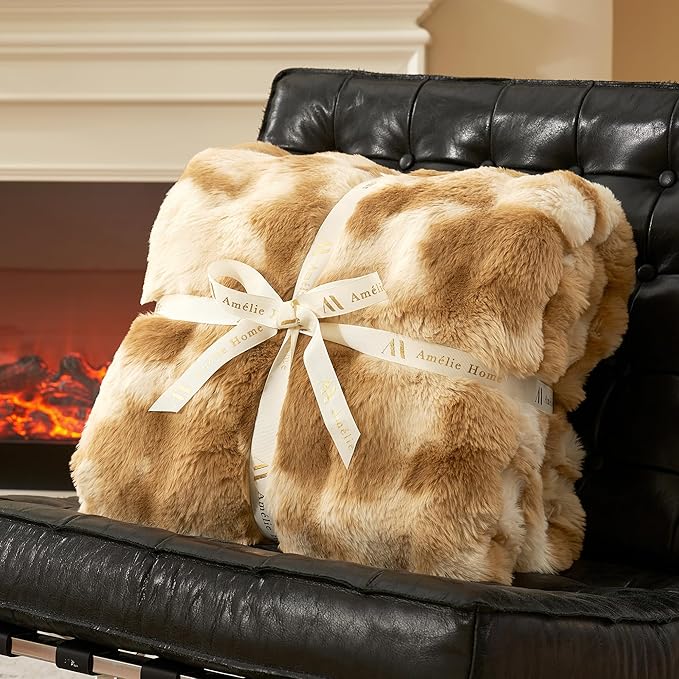 Amélie Home Faux Fur Throw Blanket for Couch, Ultra Soft Fuzzy Plush Bubble Throw for Sofa, Living Room & Home Decor, 50"x60", Tie-dye Khaki