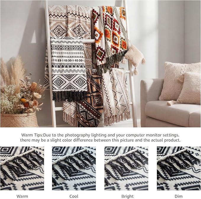 CASAAGUSTO Boho Throw Blanket - Black and White Decorative Blankets with Tassel, Printed Flannel Bohemian Blanket for Chair, Bed, Sofa, Couch(60 * 80, Black and White)