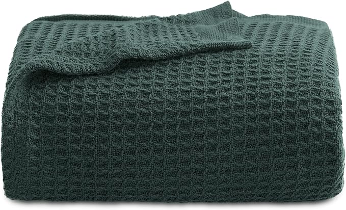 Bedsure Gentlesoft 100% Cotton Blanket Twin XL Size for College Dorm - Breathable and Soft for Spring Summer, Waffle Weave Twin Blanket for Bed, Dorm Room Essentials, Dark Green, 66x90 inches