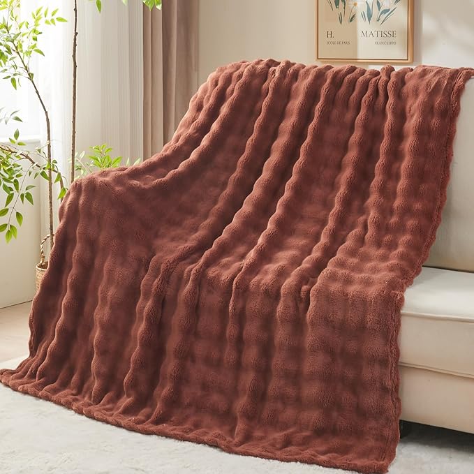 NEWCOSPLAY Queen Blanket for Couch Coffee Super Soft Flannel Fleece 3D Bubble Lightweight Bed Blanket All Season Use (Coffee, Queen(90"x90"))