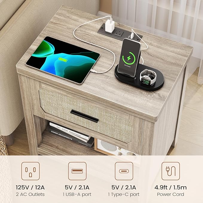 Rattan Nightstand with Charging Station, 22'' Wide Bedside Table with Drawer & Open Shelf, Boho Night Stand End Side Table with Storage for Bedroom, Grey Oak