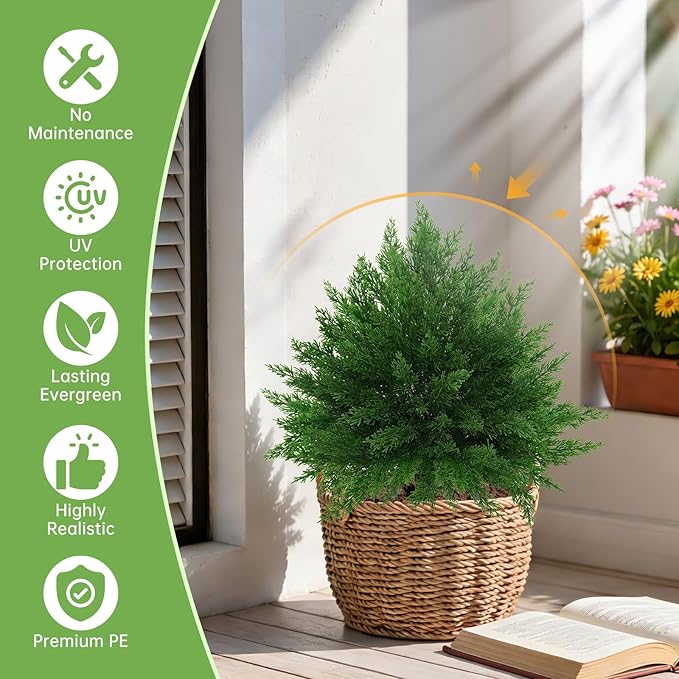 Artificial CedarTopiary Bushes for Outdoors with Spike, Set of 2 Cypress Topiary Trees with UV Resistant, Outdoors Fake Shrubs Faux Plants for Front Porch Indoor Outdoor Decor