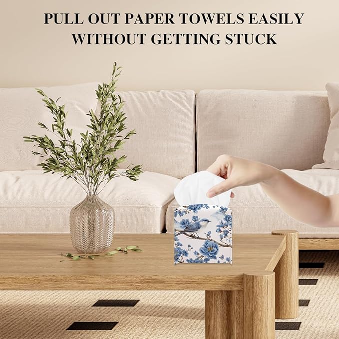 Vintage Floral and Bird Tissue Box Cover, Blue Tissue Holder Square with Bottom Belt for Home Bathroom Office Vanity Countertop, Housewarming Gifts Ideas for Women Friends Mom Bestie -07