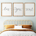 Set of 3 Love You More Sign I Love You Most Sign Wall Decor for bedroom room and living room (11x14 inches, Brown)