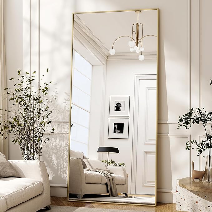 76" x 34" Large Full Length Mirror with Stand, Standing/Leaning/Wall Mounted Full Body Floor Mirror for Bedroom, Living Room, Entryway, Cloakroom with Aluminum Alloy Frame Gold