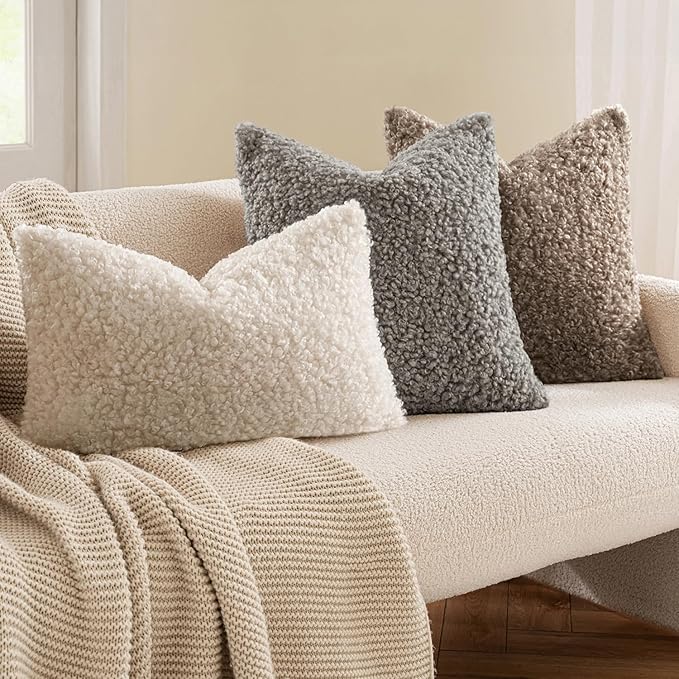 MIULEE Pack of 2 Throw Pillow Covers 26x26 Inch Neutral Khaki Faux Fur Decorative Sherpa Pillow Covers Fuzzy Accent Soft Sheepskin Fleece Cushion Cases for Boho Home Decor Couch Living Room Bed