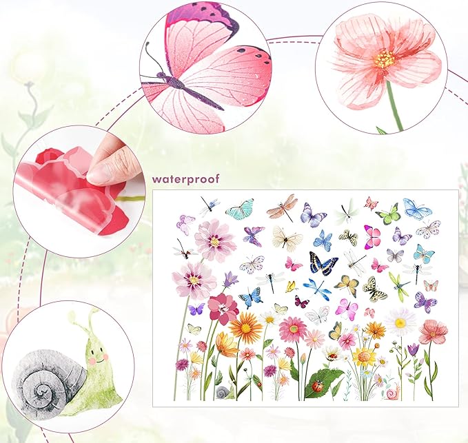 80 Pieces Flowers Butterflies Wall Decals Chrysanthemums Dragonflies Wall Sticker Flowers Peel and Stick Art Removable PVC Garden Decal for Kids Room Nursery Classroom Bedroom Decor, Colorful