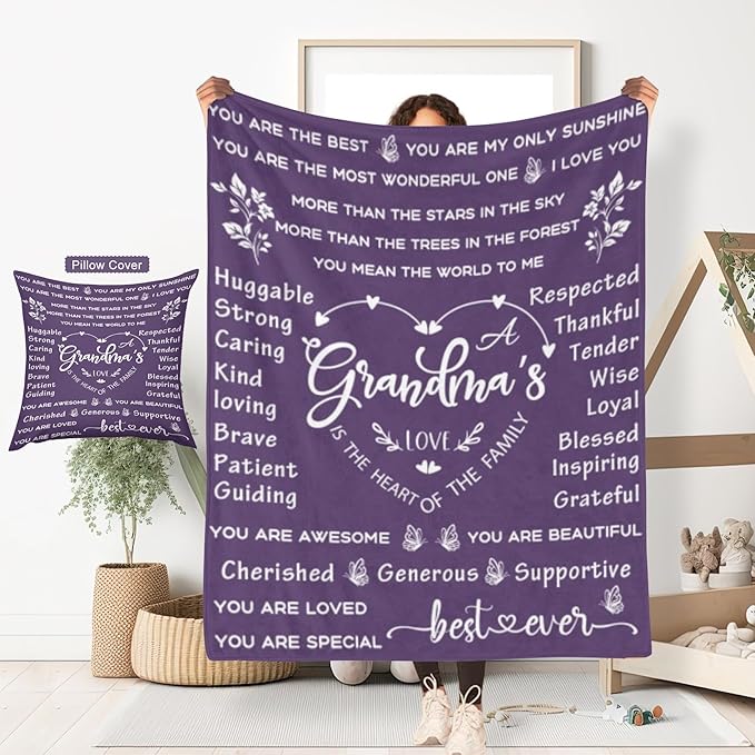 ITFRO Grandma Gift Flannel Fleece Throw Blanket Pillow Cover Set 50x60 Inch Ultra Soft Polyester Blanket 18x18 Inch Plush Pillow Case All Seasons Cozy Grandma Gift for Mother's Day Christmas (Purple)