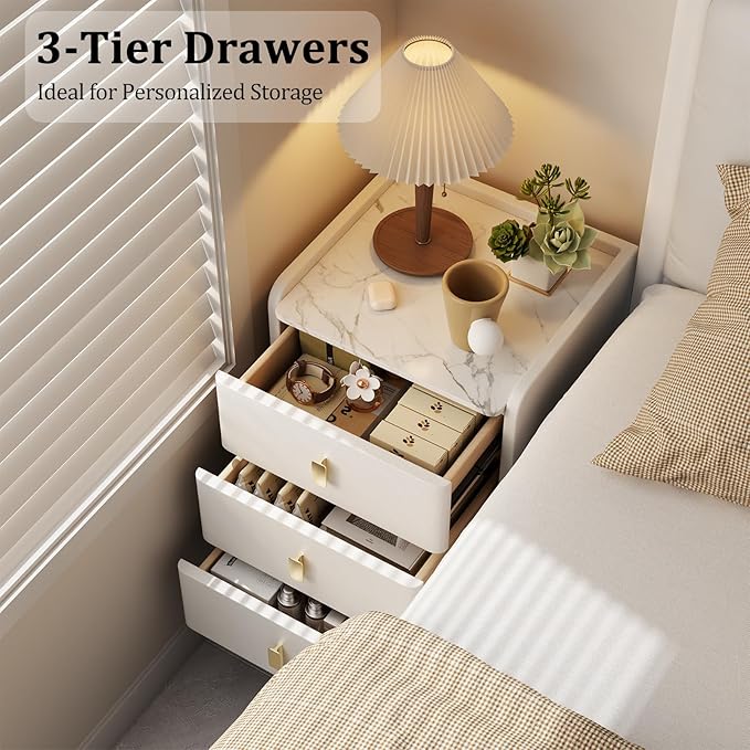 AQIMUELE Narrow Nightstand with Drawers, Narrow Side Table Leather, Small Bedside Tables for Bedroom. (White)