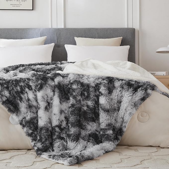COOVA Ultra Soft Faux Fur Twin Blanket – Fuzzy Fluffy Cozy Microfiber Blankets, Warm Thick Plush Sherpa Fleece Throw Blanket for Couch,Bed,Sofa,Ideal Gift for Women.(Tie Dye Grey, 60"x80")