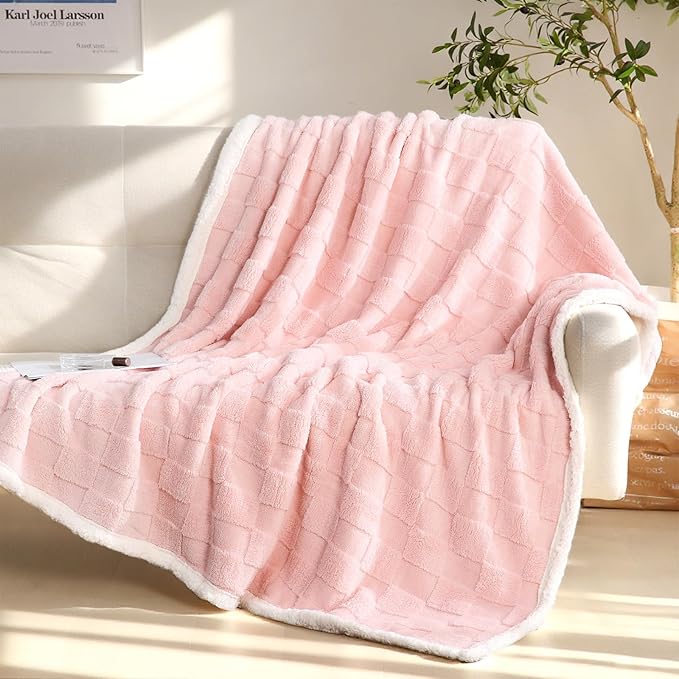Sherpa Blanket Fleece Blanket, Soft Fluffy Thick Blanket for Couch 80”*90”, Large Thick Blankets for All Season Use, Pink