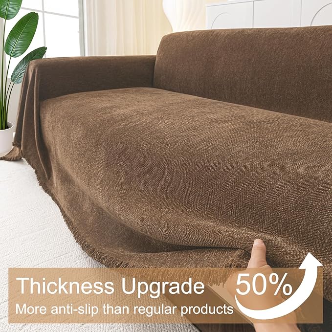 Smiry Couch Cover for Dogs, Washable Chenille Sofa Covers for 3 Cushion Couch, Soft Sofa Slipcover for Pets, Thick Sectional Furniture Protector with Tassels (Chocolate, 88.5x150 Inch)
