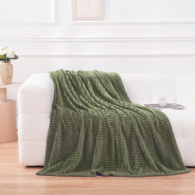 Puncuntex Flannel Fleece Throw Blanket Olive Green 108"×90",Super Soft Plush Cozy Blanket with Square Grid Design Luxury for Couch Sofa Chair