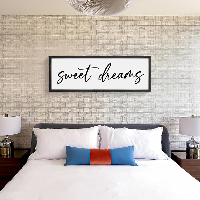 Sweet Dreams Wall Decor Above Bed 42''×15'' Large Bedroom Sign Farmhouse Bedroom Wall Sign Wood Framed Guest Room Decor Master Bedroom Wall Decoration (Black)