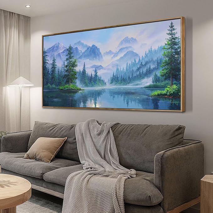 Ardemy Framed Lake & Mountain Canvas Wall Art 40"x20", Textured Blue-Green Landscape Painting, Large Nature Picture for Living Room Bedroom Office Decor