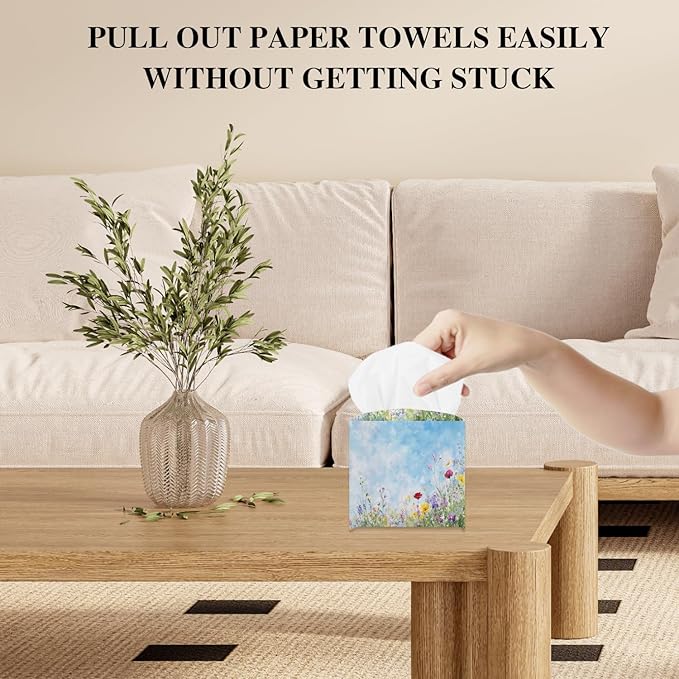 Flowers Tissue Box Cover, Blue Tissue Holder Square with Bottom Belt for Home Bathroom Office Vanity Countertop, Housewarming Gifts Ideas for Women Friends Mom Bestie -09