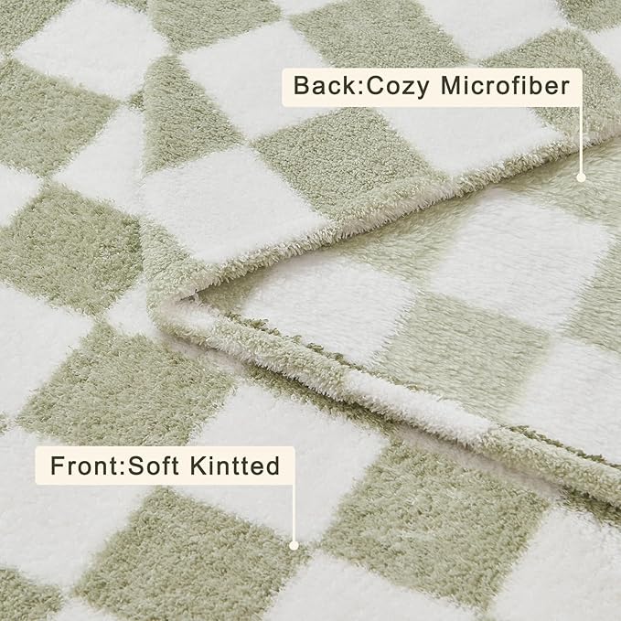 EMME Checkered Blanket Queen Size - 80"x90" Green Knit Blanket Soft Fluffy Patterned Throw Blankets for Couch, Sofa, Chair, Bed, Camping, Picnic, Travel