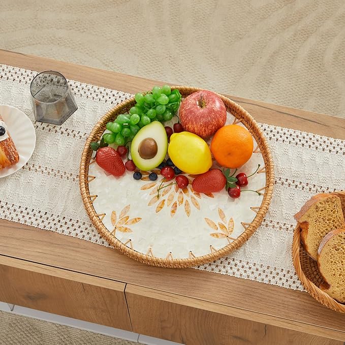 Shellac Rattan Tray with Mother of Pearl Inlay, Round Decorative Serving Tray for Home Décor Coffee Table Storage and Display, 100% Natural Materials - Orange 12"