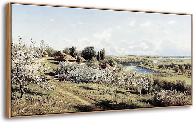 DJSYLIFE Framed Canvas Wall Art Vintage Apple Blossoms Wall Picture Rustic Nature Landscape Painting Canvas Print Large Countryside Farmhouse Artwork Home Living Room Bedroom Decorations 20"x40"