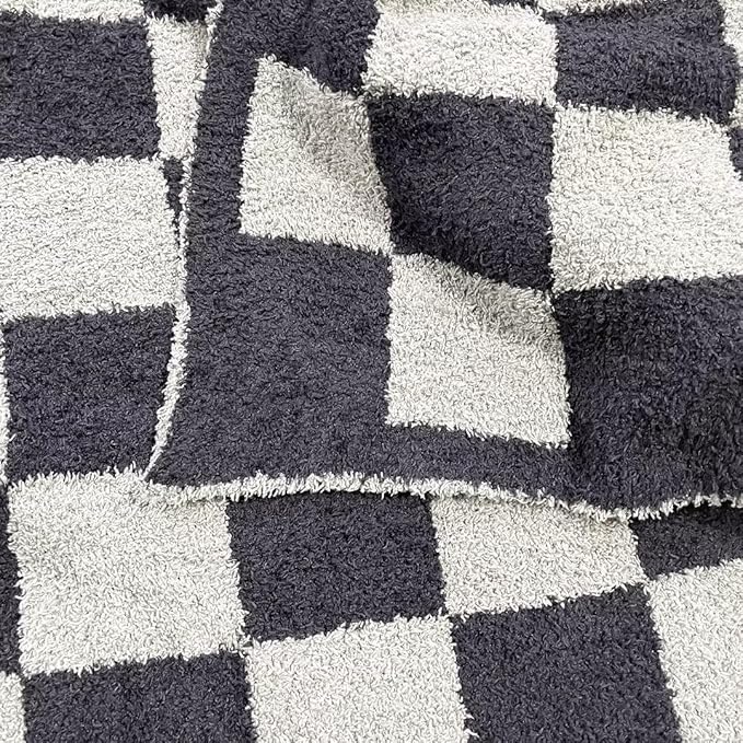 Soft Checkered Throw Blanket, Ultra Cozy Knit Throw Blanket Fluffy Fuzzy Reversible Checkerboard Blanket for Travel Couch Sofa Bed Decor, 51x63 inches, Black Grey