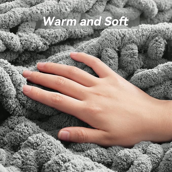 Chunky Knit Throw Blanket, 80''*90'' Knitted Throw Chenille Yarn for Bed Couch, Handmade Light Grey Crochet Big Thick Blanket, Machine Washable Cute Comfy Blanket for Home Decor
