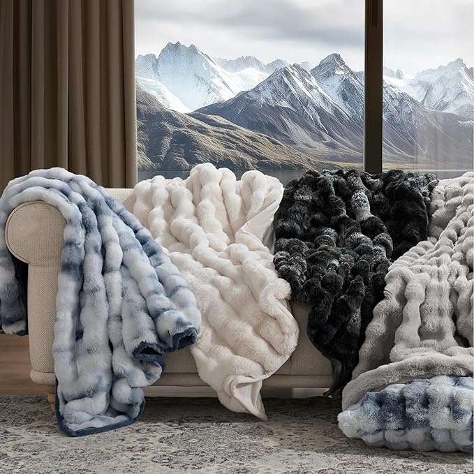 EverGrace Ultra Soft Luxury Fluffy Faux Rabbit Fur Throw Blanket, Thick Warm Bubble Throw for Bed, Cozy Plush Reversible Blankets for Couch, Chair, Sofa, Taupe, 50x60 Inches