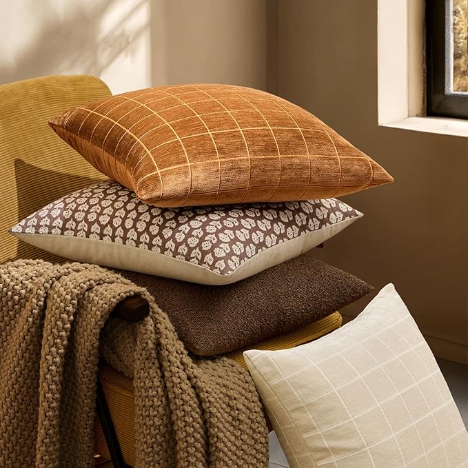 MIULEE Decorative Chenille Check Throw Pillow Covers Vintage Plaid Couch Pillows 18x18 Inch Set of 2 Neutral Boho Farmhouse Cushion Covers Modern Spring Home Decor for Sofa Bed Living Room Bronze
