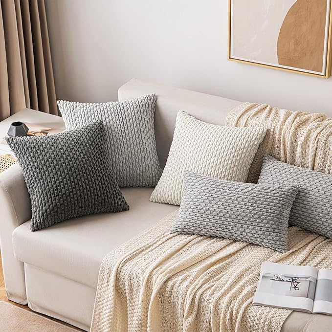 MIULEE Pack of 2 Decorative Throw Pillow Covers 18x18 Inch Soft Boho Striped Textured Corduroy Pillow Covers Modern Farmhouse Home Decor for Couch Bed Sofa Living Room Dark Grey