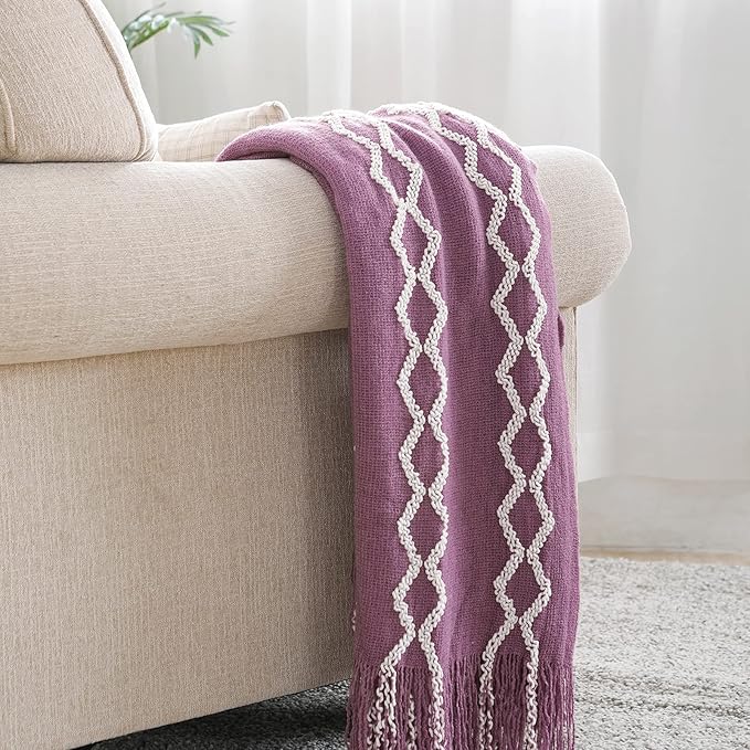 BOURINA Fluffy Chenille Knitted Fringe Throw Blanket Lightweight Soft Cozy for Bed Sofa Chair Throw Blankets, Deep Purple 60"x80"