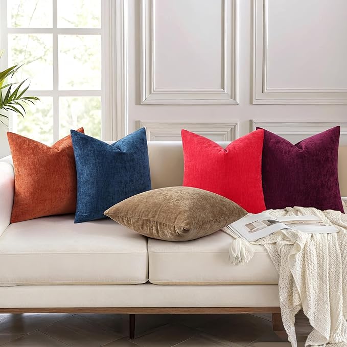 decorUhome Chenille Brown Throw Pillow Covers 16x16 Inch Set of 2, Decorative Soft Couch Pillow Covers Solid Dyed Accent Farmhouse Neutral Square Pillow Cases for Sofa