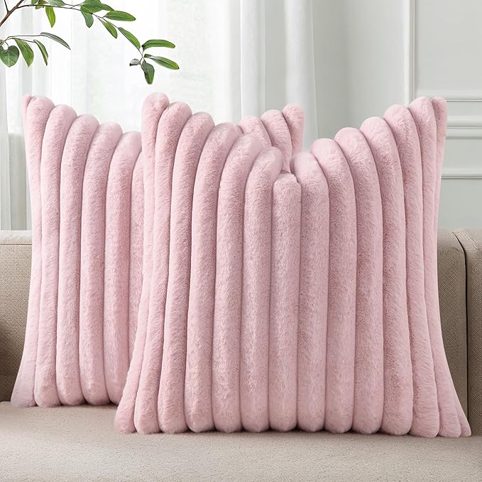Pallene Faux Fur Plush Throw Pillow Covers 24x24 Set of 2, Luxury Soft Fluffy Striped Decorative Pillow Covers for Sofa, Couch, Living Room, Blush Pink
