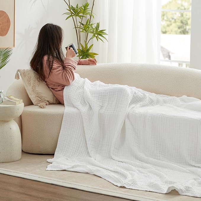 Love's cabin 100% Cotton Muslin Blanket, 6 Layer Lightweight Breathable Gauze King Size Blanket 108 x 90 Inches, Soft Summer Blanket for Bed, White