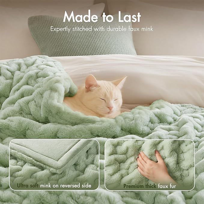 Madison Park Ruched Luxury Throw Premium Soft Cozy Brushed Long Faux Fur for Bed, Couch or Sofa, 50"x60", Sage Green