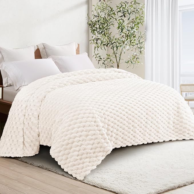 Whale Flotilla Twin Size Blanket for Bed with Jacquard Pattern, Fuzzy Soft Cozy Exquisite Blankets for All Season, Warm and Fluffy, 60x80 Inch, Ivory