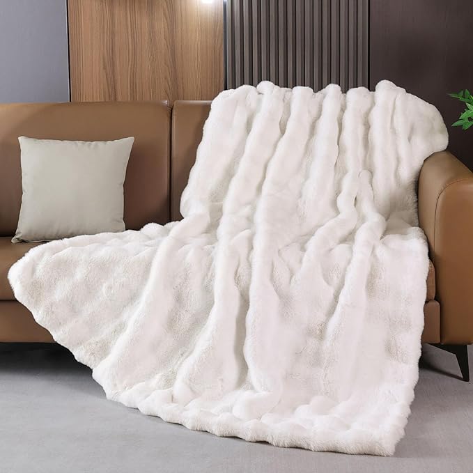Cream Beige Faux Fur Throw Blanket for Couch, Double-Sided Bubble Textured Plush Blanket with Soft Flannel Back, Decorative Throw for Sofa or Bed, Machine Washable, 50 x 60, 860 GSM