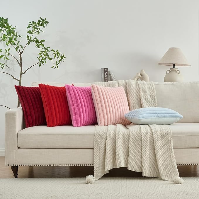 FUTEI White Decorative Throw Pillow Covers Set of 2, 28x28 Inch Soft Fluffy Faux Fur Plush Striped Euro Pillow Shams, Modern Home Decor for Couch Bed Living Room
