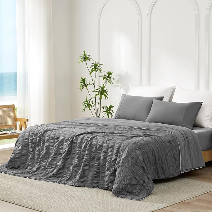 Cozy Bliss Vertical Striped Seersucker Cooling Comforter King Size, Lightweight Airflow Silky Cooling Bedding with Q-Max>0.45 for Bedroom, Home Decor, Hot Sleepers & Night Sweats, Grey 106"×90"