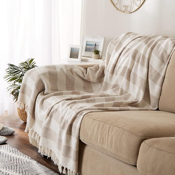 DII Rustic Farmhouse Cotton Cabana Striped Blanket Throw with Fringe, 50 x 60 - Cabana Striped Stone