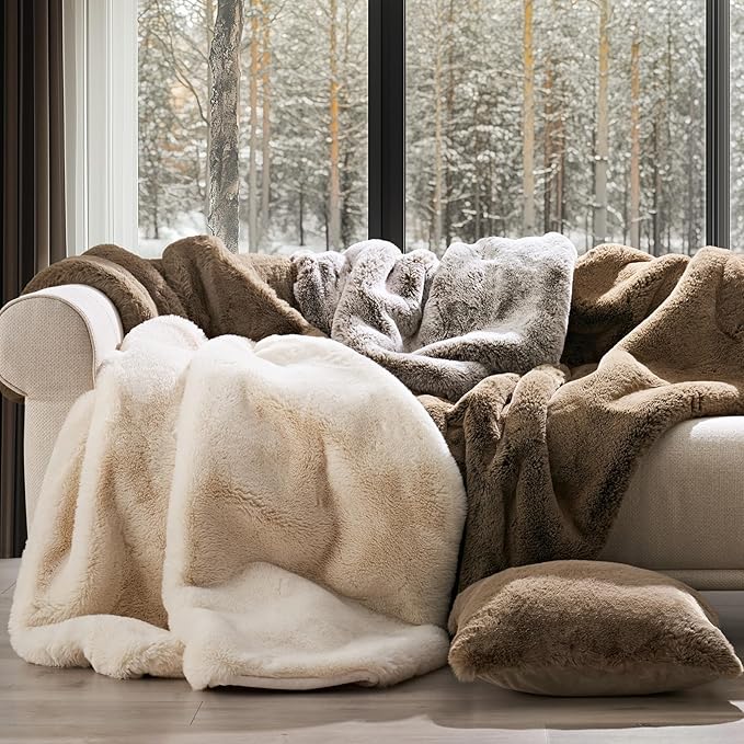 EVERGRACEHOME Luxury Soft Faux Chinchilla Fur Throw Blanket for Couch, Warm Thick Heavy Winter Throw Blanket 1220GSM for Bed, Fluffy Cozy Mink Blanket with Reversible Velvet, Tawny Mink, 50"x60"
