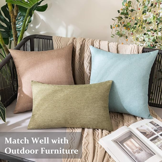 MIULEE Pack of 2 Decorative Outdoor Solid Waterproof Throw Pillow Covers Faux Linen Garden Farmhouse Cushion Cases for Patio Tent Balcony Couch Sofa 16x16 Inch Dark Green