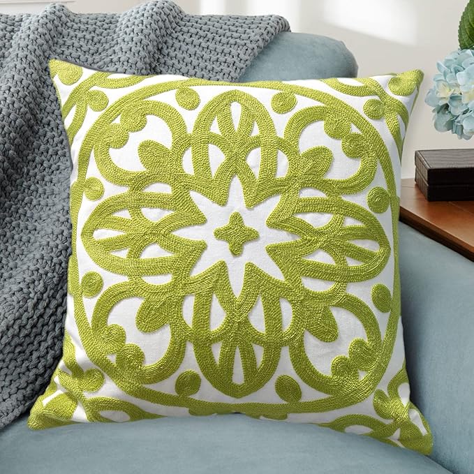 Alysheer Embroidered Summer Decorative Throw Pillow Covers 18"x18", Classic Boho Mandala Green Pattern Cotton Canvas Chic Accent Cushion Cases for Sofa Couch Bed Living Room Decor (Chartreuse Green)