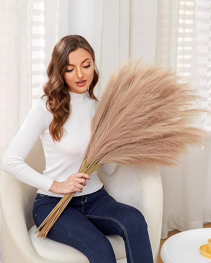 Faux Pampas Grass, 9 PCS 37''/3.1FT Tall Fluffy Fake Pompas Floral, Large Artificial Pompous Grass Branches for Floor Vase Fillers, Boho Farmhouse Room Wedding Decor (Taupe)