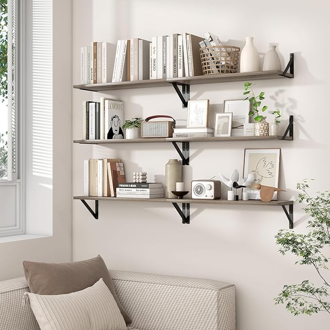 Axeman 32 Inch Floating Shelves | 8 Inch Deep Grey Wood Wall Shelves Set of 2 | 31.5" W x 8" D Rustic Grey Shelves for Bathroom Kitchen Living Room