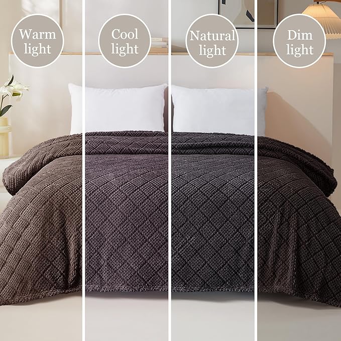 Whale Flotilla Fuzzy Fleece Twin Size Blanket for Bed, Soft Fluffy Jacquard Waffle Blankets for All Season, Lightweight and Warm, 60x80 Inch, Coffee