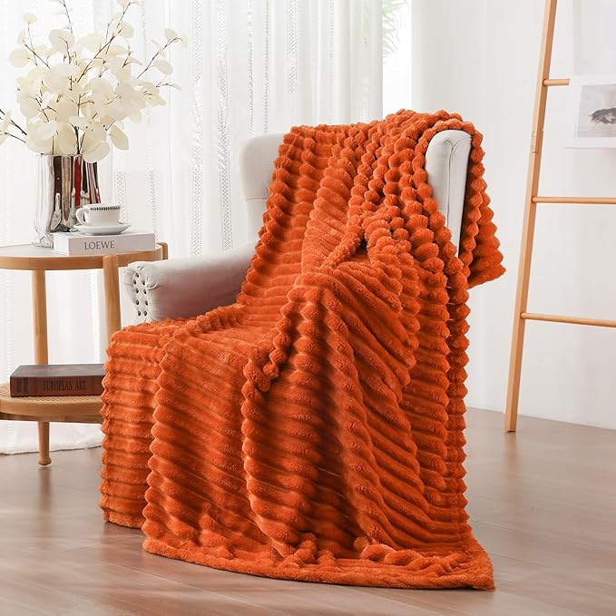 Vessia Flannel Fleece Throw Blanket for Couch, Sofa, Bed, 300GSM Striped Orange Throw Blanket for Kids, Super Soft Warm Cozy Lightweight Home Decor for All Seasons 50x40 inches