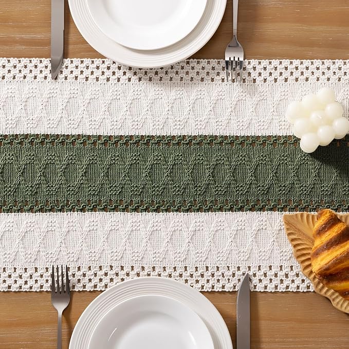 Socomi Boho Table Runner Easter Spring Farmhouse Rustic Dining Kitchen Centerpiece Decor Small Macrame Woven Cotton Linen Coffee Table Runner for Dresser Scarf Home Decor 12x90 inch Olive Green