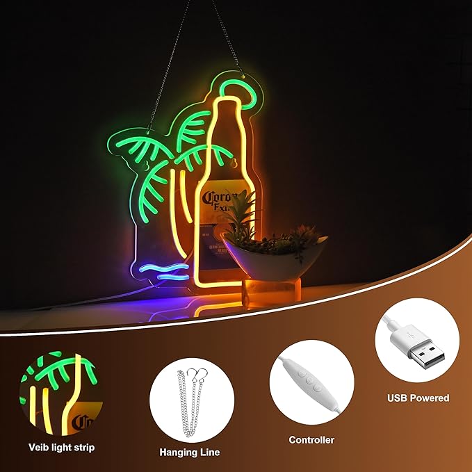Beer Palm Tree Coro Bottle Neon Sign Dimmable LED Bar Neon Light for Wall Décor Neon Art signs with USB Plug for Pub Store Party Man Cave.